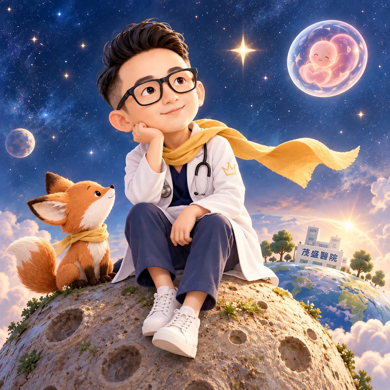 小王子醫師坐在星球上，身旁有一隻小狐狸，遠方是茂盛醫院