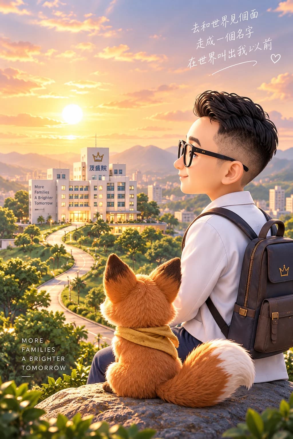夕陽下，小王子醫師和小狐狸坐在山丘上望著茂盛醫院